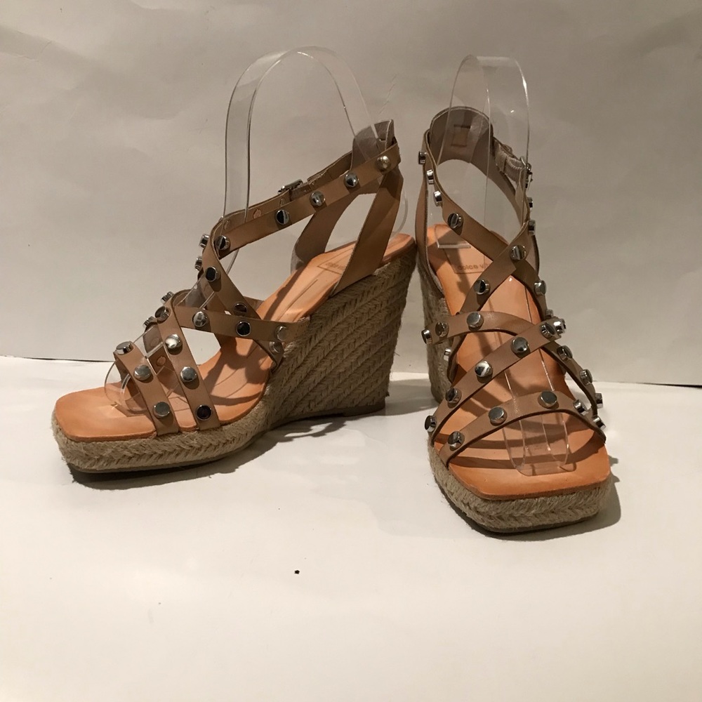 Dolce Vita Maxton Tan Espadrille Strappy Studded Square Toe Wedge Sandals 6 1/2 - Picture 2 of 15